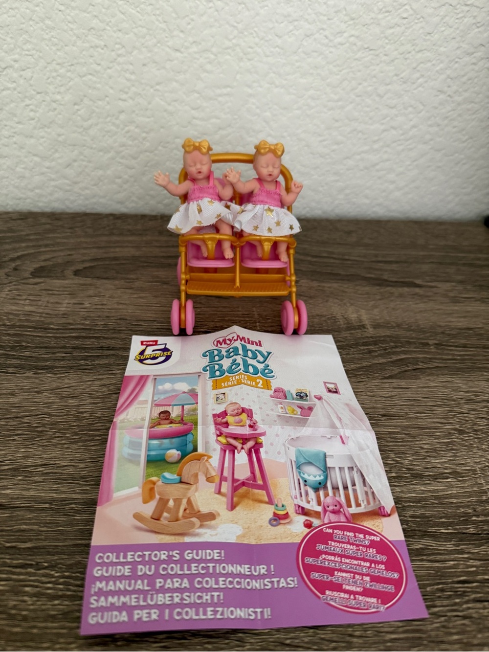 Zuru My Mini Baby Series 2, Super Rare Blond Twins w/ Double Stroller, Gold/Pink